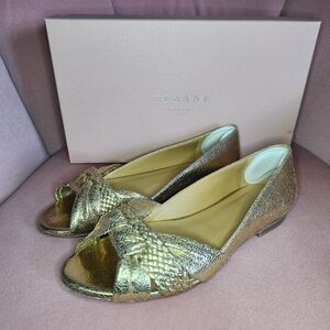 Sezane Romane Golden Leather Flat Sandals 36